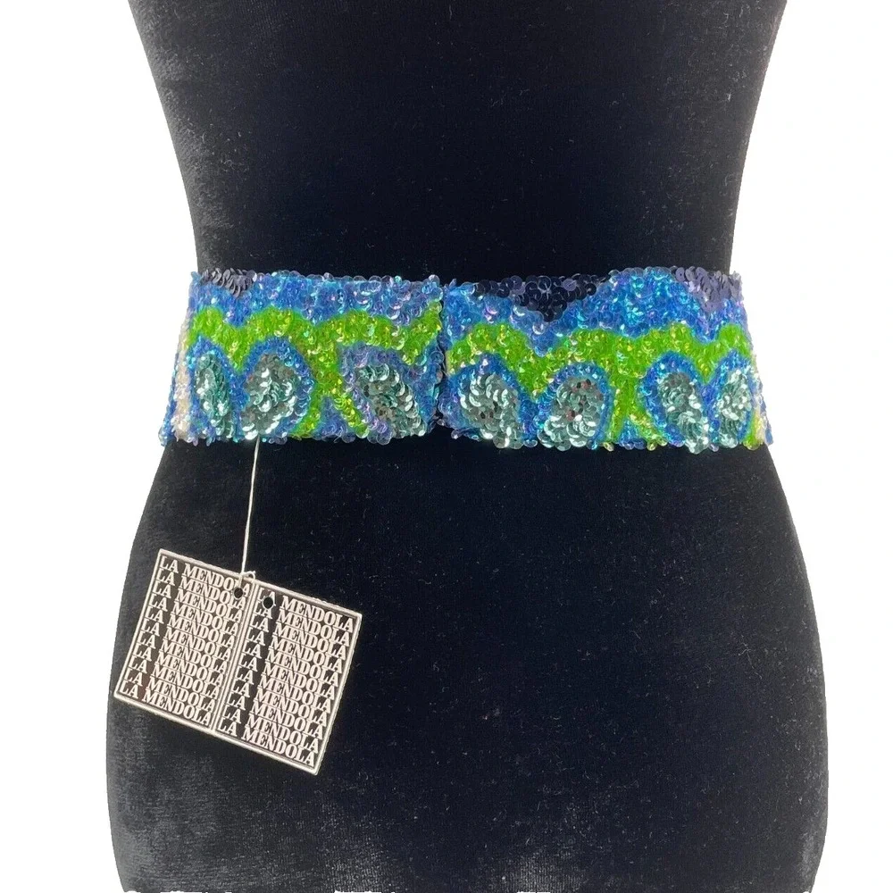 Vintage La Mendola August Mod Heart Hand Beaded Blue Pure Silk Chiffon Belt